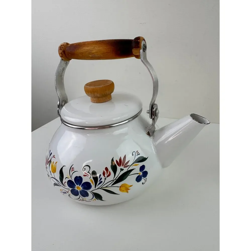 Vintage Master Cuisine Kettle White Tea Pot Floral Stainless Steel Wooden Handle